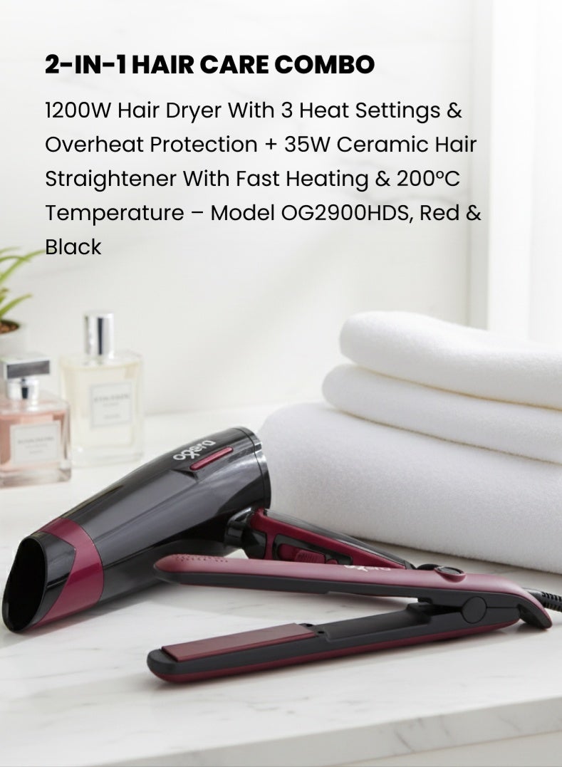 أوجيرا مجموعة العناية بالشعر 2 في 1 – مجفف شعر بقوة 1200 واط مع 3 إعدادات للحرارة وحماية من ارتفاع الحرارة + مكواة فرد الشعر السيراميكية بقوة 35 واط بتسخين سريع ودرجة حرارة 200°م – موديل OG2900HDS، أحمر وأسود - Image 2