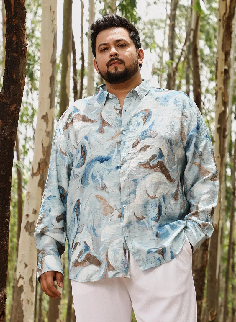 انستافاب بلس Instafab Men's Baby Blue Waterbrush-Imprint Dobby Shirt | Spread Collar , Long Cuffed Sleeves , Button Closure | Abstract Dobby | Nylon Viscose Shirt For Casual Wear