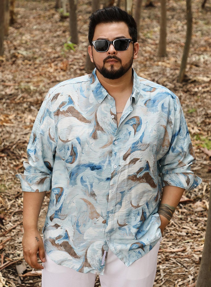 Instafab Plus Instafab Men's Baby Blue Waterbrush-Imprint Dobby Shirt | Spread Collar , Long Cuffed Sleeves , Button Closure | Abstract Dobby | Nylon Viscose Shirt For Casual Wear  - Image 1
