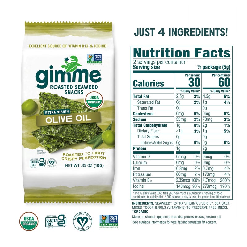 Gimme أوراق الأعشاب البحرية المحمصة العضوية من gimMe - زيت زيتون بكر ممتاز - 12 عبوة مشاركة - كيتو، نباتي، خالي من الغلوتين - مصدر رائع لليود وأوميغا 3 - وجبة خفيفة صحية للأطفال والبالغين - Image 5