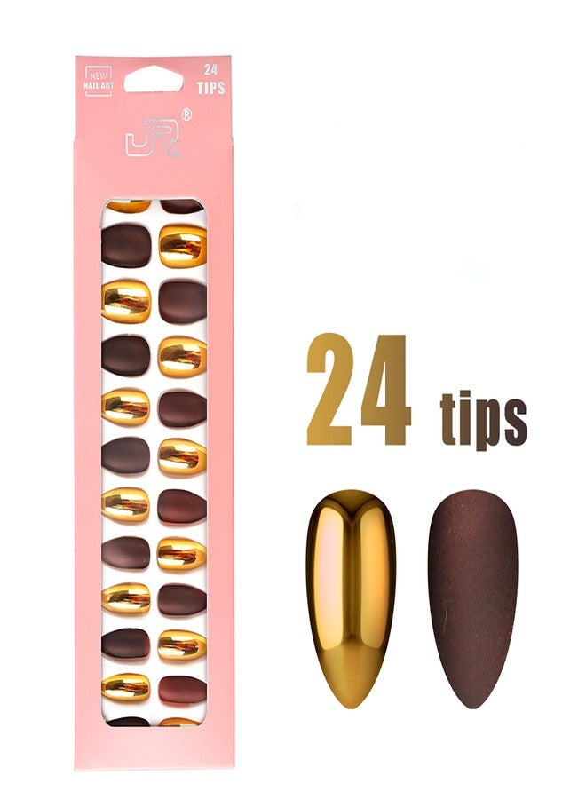 HEAVEN® 24pc Set Of Long French Artificial Nails Full Nail Extension With Nail Attached Glue (12 Matte+12 Shiny) (Golden-Brown) - Image 3