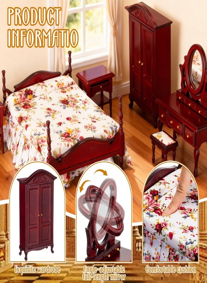 Skylety 6 Pcs Dollhouse Furniture 1: 12 Scale Wooden Victorian Dollhouse Bedroom Furniture Set Include Bed Dressing Table Wardrobe for Adults Toys Miniature Doll House Accessories - Image 4