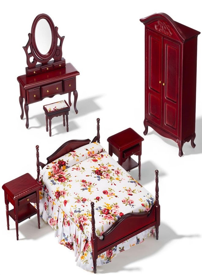 Skylety 6 Pcs Dollhouse Furniture 1: 12 Scale Wooden Victorian Dollhouse Bedroom Furniture Set Include Bed Dressing Table Wardrobe for Adults Toys Miniature Doll House Accessories - Image 2