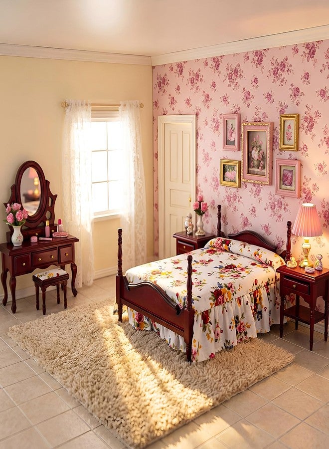 Skylety 6 Pcs Dollhouse Furniture 1: 12 Scale Wooden Victorian Dollhouse Bedroom Furniture Set Include Bed Dressing Table Wardrobe for Adults Toys Miniature Doll House Accessories - Image 5
