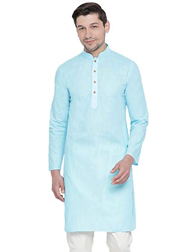 VASTRAMAY Mens Cotton Linen Aqua Kurta - Timeless Elegance for Festivals & Events | Plain Solid Full Sleeves Mandarin Collar Kurta | Classic Design, Premium Comfort, and Versatile Style_VASMK007AQ_44 - Image 1