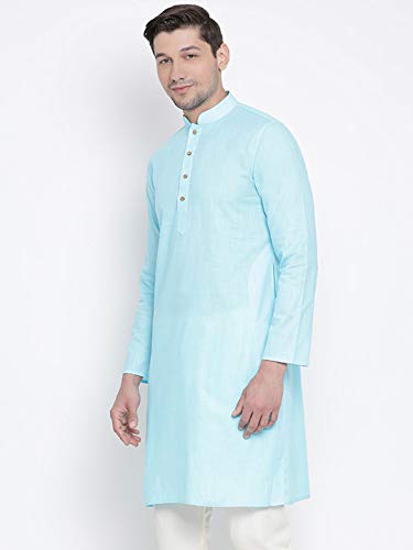 VASTRAMAY Mens Cotton Linen Aqua Kurta - Timeless Elegance for Festivals & Events | Plain Solid Full Sleeves Mandarin Collar Kurta | Classic Design, Premium Comfort, and Versatile Style_VASMK007AQ_44 - Image 2