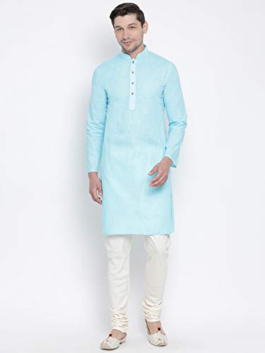 VASTRAMAY Mens Cotton Linen Aqua Kurta - Timeless Elegance for Festivals & Events | Plain Solid Full Sleeves Mandarin Collar Kurta | Classic Design, Premium Comfort, and Versatile Style_VASMK007AQ_44 - Image 5