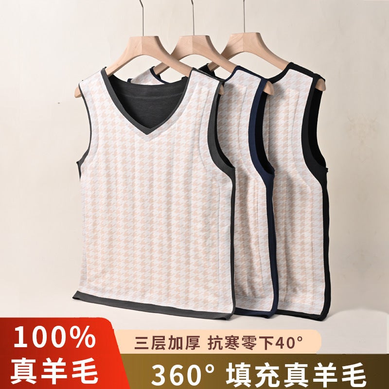 Warm Vest Men'S Wool Patch V-Neck Body-Fit Thickened Fleece-Lined Base Warm Top Vest Women'S Vest - Image 2