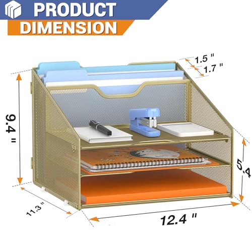 GAWERK Letter Tray Organizer, Mesh Desk File Organizer with 3 Paper Trays and 2 Vertical Upright Section (Gold) - Image 2