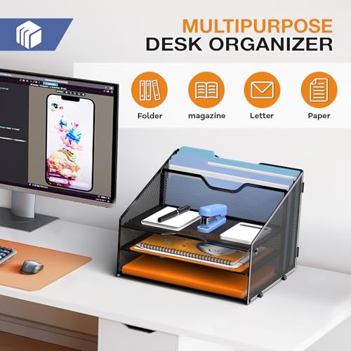 GAWERK Letter Tray Organizer, Mesh Desk File Organizer with 3 Paper Trays and 2 Vertical Upright Section (Gold) - Image 4