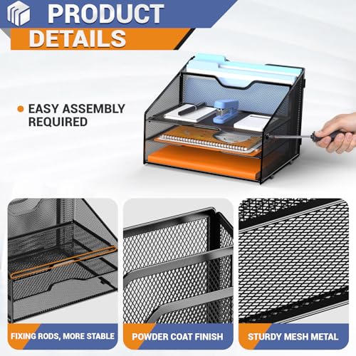GAWERK Letter Tray Organizer, Mesh Desk File Organizer with 3 Paper Trays and 2 Vertical Upright Section (Gold) - Image 3