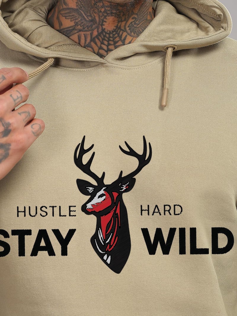 Adro Hustle Hard Stay Wild Hoodie for Men | 320 GSM Cotton-Poly Fleece | Soft Feel, Skin-Friendly Printed Graphic, Warm Casual Sweatshirt with Kangaroo Pocket & Drawstring Hood – Beige | H25-STYD-BE-L - Image 4