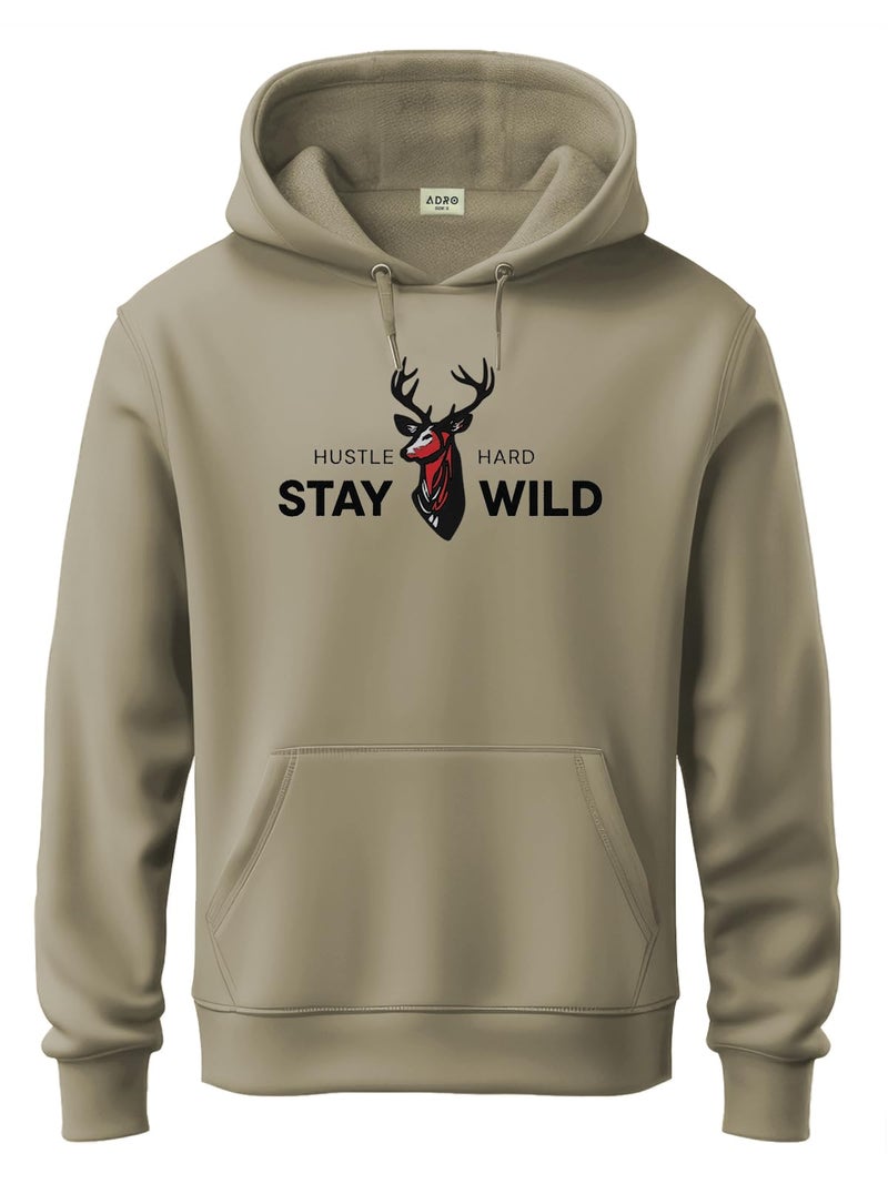 Adro Hustle Hard Stay Wild Hoodie for Men | 320 GSM Cotton-Poly Fleece | Soft Feel, Skin-Friendly Printed Graphic, Warm Casual Sweatshirt with Kangaroo Pocket & Drawstring Hood – Beige | H25-STYD-BE-L - Image 1