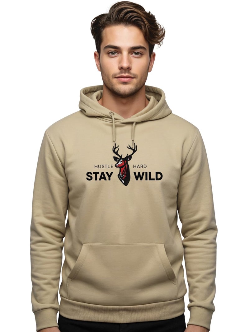 Adro Hustle Hard Stay Wild Hoodie for Men | 320 GSM Cotton-Poly Fleece | Soft Feel, Skin-Friendly Printed Graphic, Warm Casual Sweatshirt with Kangaroo Pocket & Drawstring Hood – Beige | H25-STYD-BE-L - Image 2