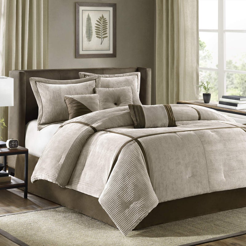 madison park Madison Park Cozy Comforter Set Casual Blocks Design All Season Matching Bed Skirt Decorative Pillows Queen90x90 Dallas Corduroy Taupe Brown 7 Piece 