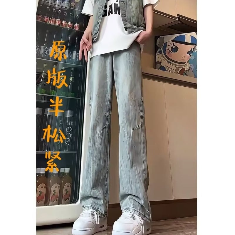Lightning Pattern Jeans Mens Spring and Autumn American Style High Street Niche Design Sense Pants Casual Straight Micro Trousers Blue  - Image 1
