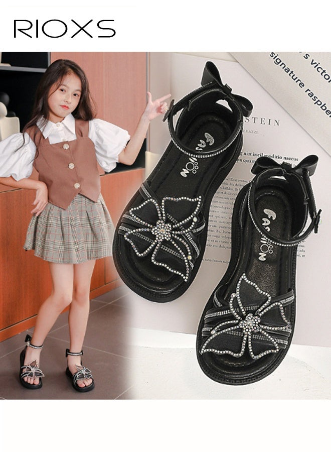ريوكس صنادل للفتيات الصغيرات، صنادل صيفية مفتوحة من الأمام مع حزام عند الكاحل ومزينة بعقدة، صنادل أنيقة للفتيات الصغيرات بنعل ناعم مانع للانزلاق، صنادل زهرية بنمط الأميرة، صنادل خفيفة الوزن مانعة للانزلاق للأطفال والفتيات، صنادل صيفية لقضاء العطلات على الشاطئ، للحفلات، للحدائق، - Image 2