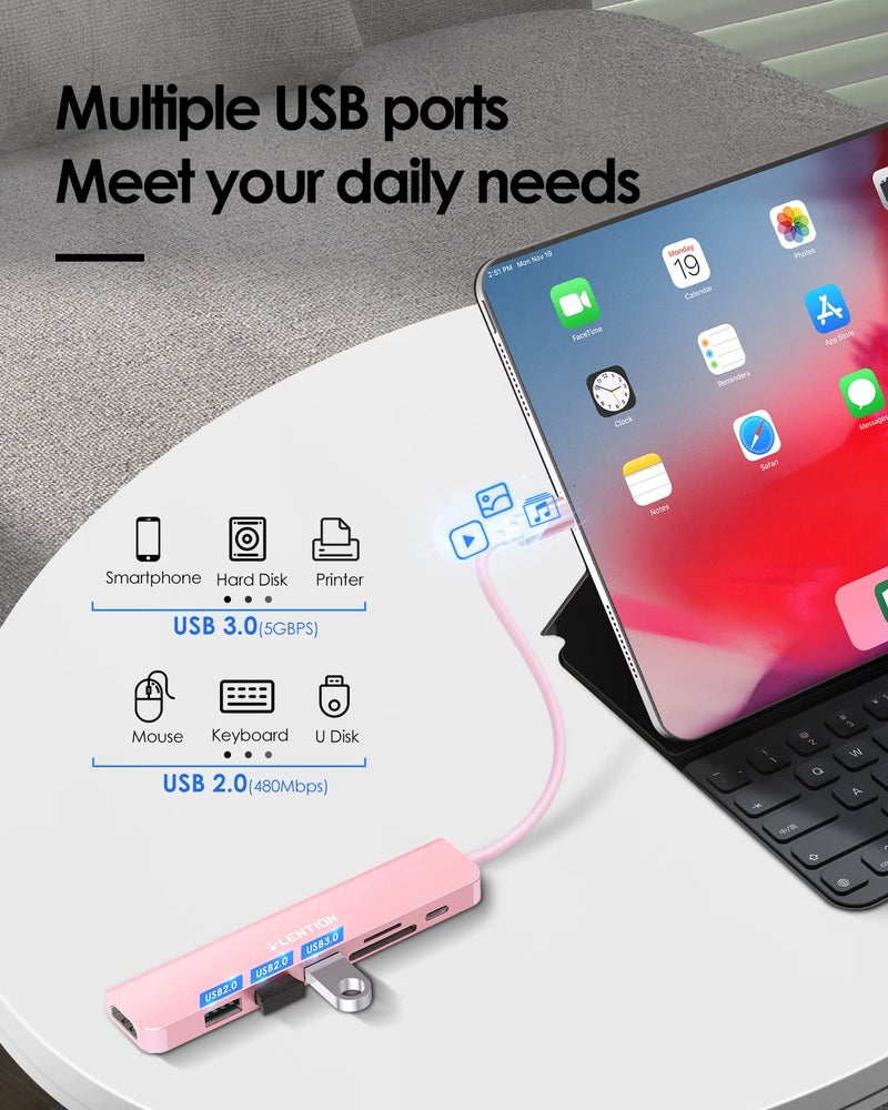 LENTION USB C Hub with 100W Charging, 4K HDMI, Dual Card Reader, USB 3.0 & 2.0 Compatible MacBook Pro, New Mac Air/Surface, Chromebook, More, Stable Driver Adapter (CB-CE18, Rose Gold) - Image 4