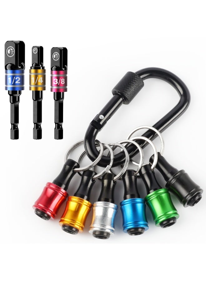 Katerk 1/4inch Hex Shank Aluminum Alloy Screwdriver Bits Holder Extension Bar Drill Screw Adapter Change Keychain Portable（6PC color with black carabiner）+3Pcs 1/4 3/8 1/2" Hex Shank Drill Nut Driver Bit Set - Image 1