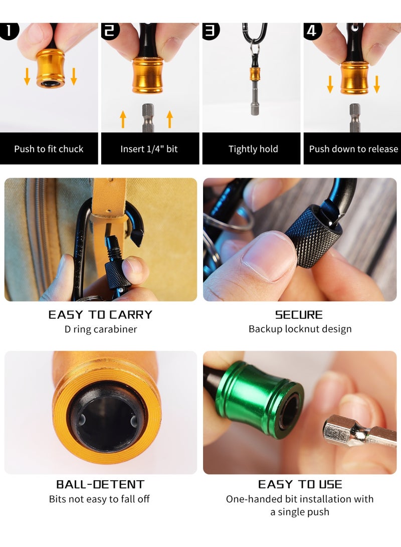 Katerk 1/4inch Hex Shank Aluminum Alloy Screwdriver Bits Holder Extension Bar Drill Screw Adapter Change Keychain Portable（6PC color with black carabiner）+3Pcs 1/4 3/8 1/2" Hex Shank Drill Nut Driver Bit Set - Image 3