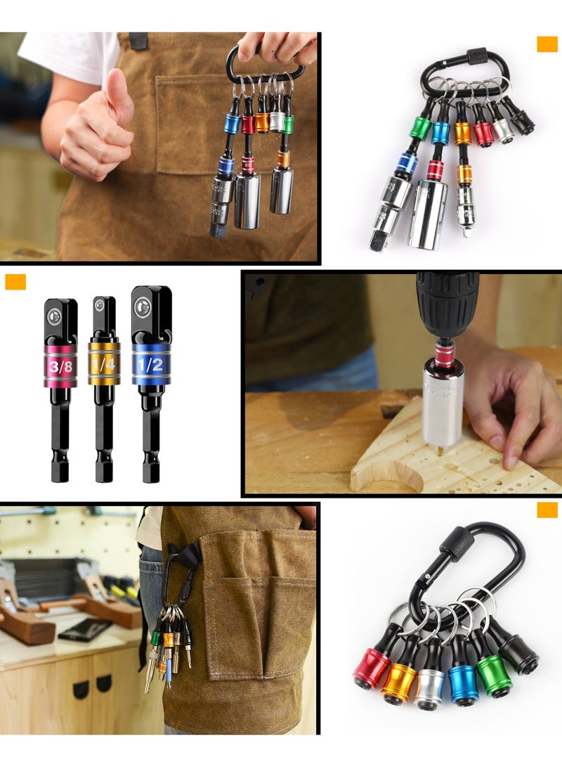Katerk 1/4inch Hex Shank Aluminum Alloy Screwdriver Bits Holder Extension Bar Drill Screw Adapter Change Keychain Portable（6PC color with black carabiner）+3Pcs 1/4 3/8 1/2" Hex Shank Drill Nut Driver Bit Set - Image 2