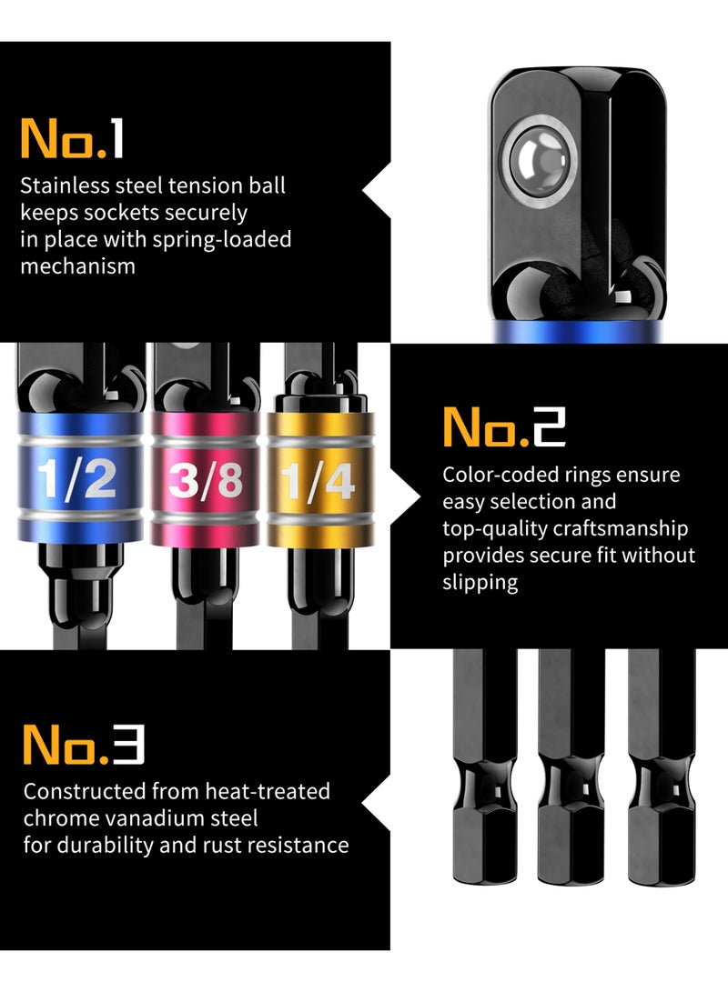 Katerk 1/4inch Hex Shank Aluminum Alloy Screwdriver Bits Holder Extension Bar Drill Screw Adapter Change Keychain Portable（6PC color with black carabiner）+3Pcs 1/4 3/8 1/2" Hex Shank Drill Nut Driver Bit Set - Image 5