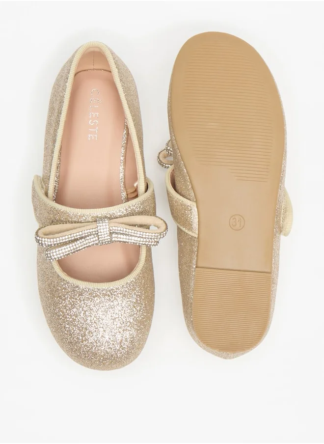 سيليست Girls Glittery Round Toe Ballerina Shoes with Hook and Loop Closure