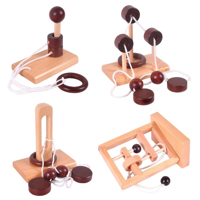 KINGOU 4 Pack Classic Wooden Rope Puzzle Set Ring Puzzles String Solution Central Brain Teaser for Adults/Kids Game - Image 4