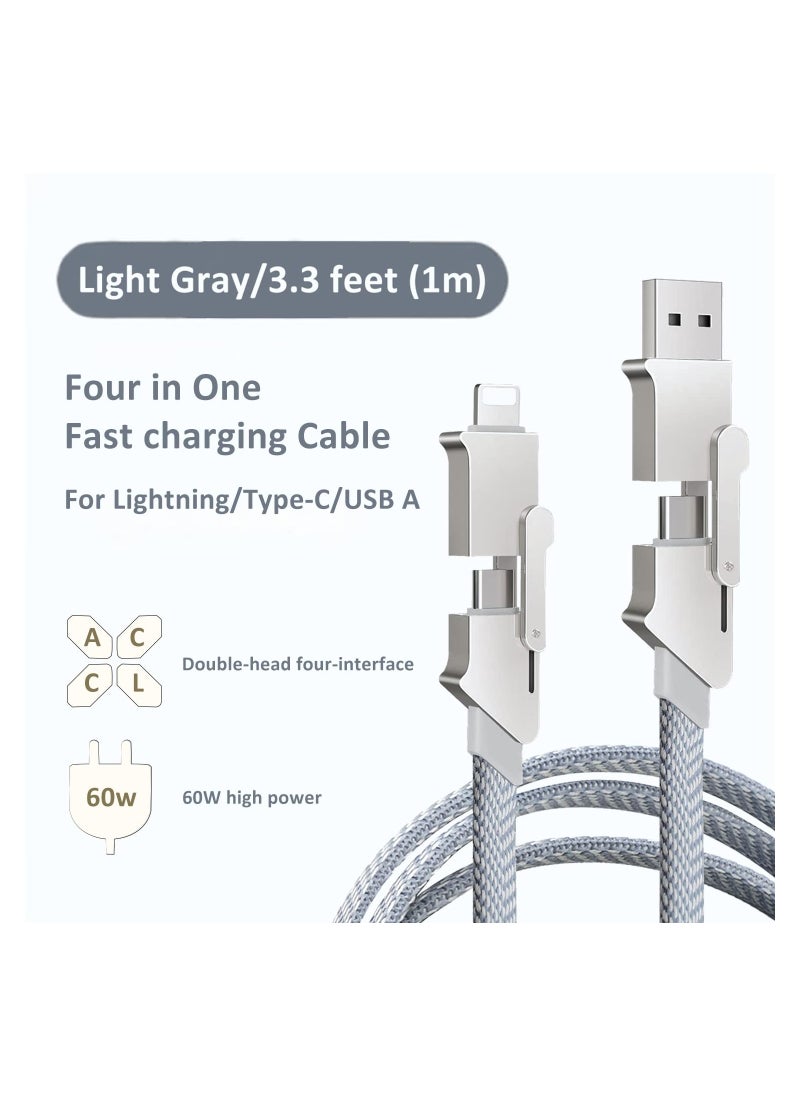 SYOSI - 4 in 1 USB C Charging Cable, 60W Fast Charging & Data Sync, Flat Braided Anti-Tangle Charger Cord, Multi Charging Cable, with Lightning/Type C/USB A Ports (3.3ft),  USB C Fast Charging Cable - Image 1