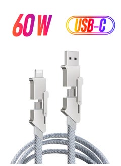 4 in 1 USB C Charging Cable, 60W Fast Charging & Data Sync, Flat Braided Anti-Tangle Charger Cord, Multi Charging Cable, with Lightning/Type C/USB A Ports (3.3ft),  USB C Fast Charging Cable