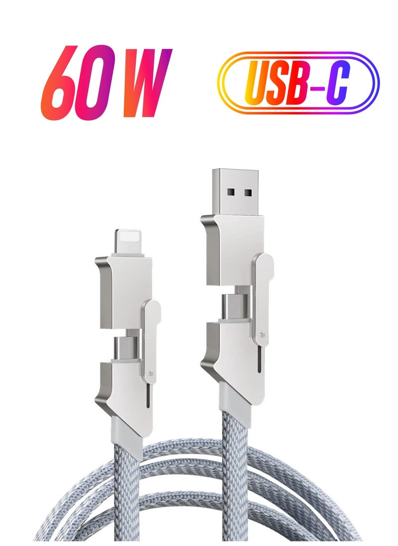 SYOSI - 4 in 1 USB C Charging Cable, 60W Fast Charging & Data Sync, Flat Braided Anti-Tangle Charger Cord, Multi Charging Cable, with Lightning/Type C/USB A Ports (3.3ft),  USB C Fast Charging Cable - Image 1
