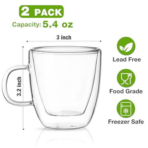 Mfacoy Glass Double Wall Insulated Espresso Cups (Set of 2), 5.4 oz Shots Cup with Handle, Insulated Glasses Mugs, Small Coffee Cups, Shot Glass - Image 5