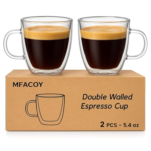 Mfacoy Glass Double Wall Insulated Espresso Cups (Set of 2), 5.4 oz Shots Cup with Handle, Insulated Glasses Mugs, Small Coffee Cups, Shot Glass - Image 1
