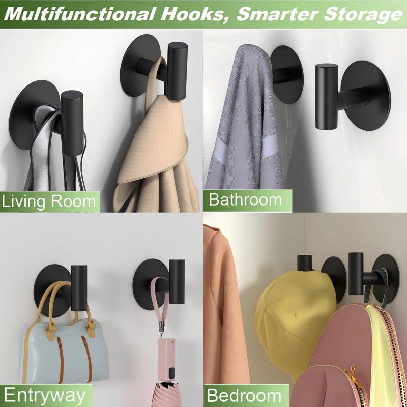 VINHOLD Self-Adhesive Coat Hooks, Stainless Steel Heavy Duty Wall Hooks, Towel Hooks for Hanging Robes, Aprons, Coats and Hats in Bathrooms,Kitchens and Hotels(2 Pack, Black) - Image 3