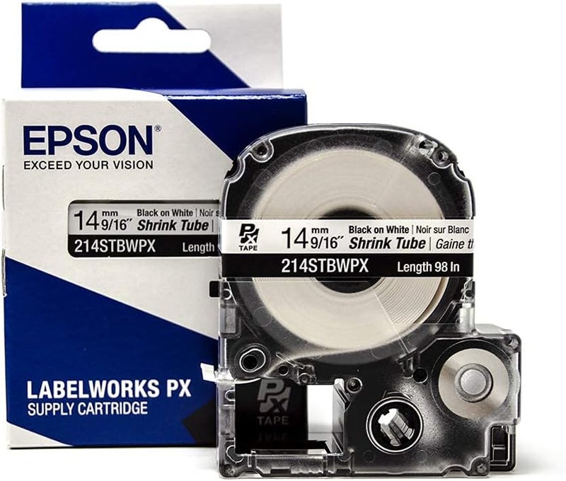 LABELWORKS خرطوشة شريط إبسون 214STBWPX الأصلية - أسود على أنبوب انكماش أبيض لطابعة ملصقات صناعية - AWG 0-5، بعرض 9/16" (14MM)، بطول 8 أقدام (96)" - Image 1