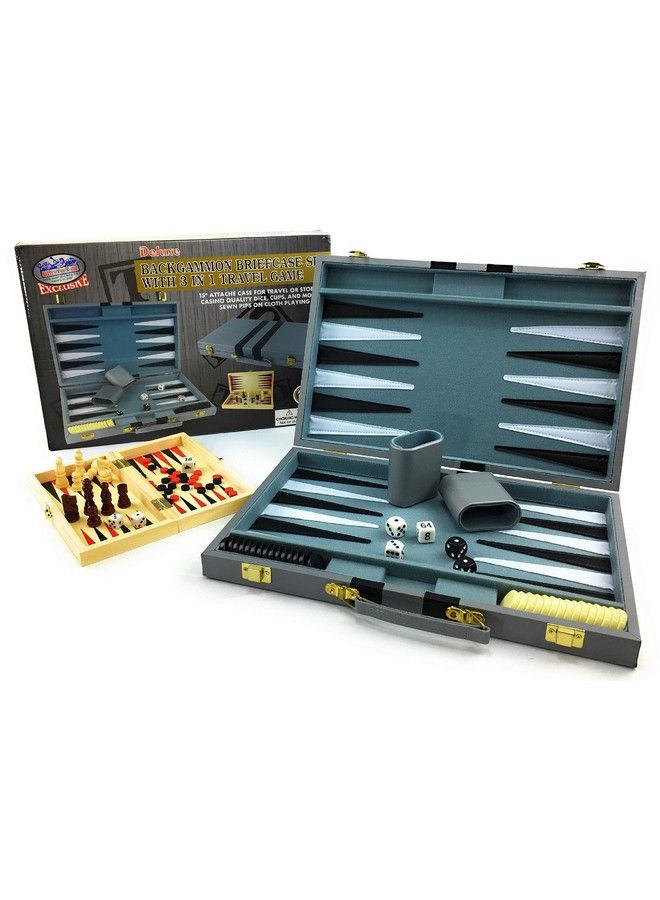 Matty's Toy Stop Deluxe 15" Backgammon Briefcase (Vinyl Gray Attache) With 3In1 Chess, Checkers & Backgammon Wooden Travel Games Set (8") - Image 1