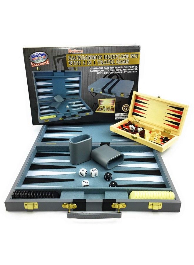 Matty's Toy Stop Deluxe 15" Backgammon Briefcase (Vinyl Gray Attache) With 3In1 Chess, Checkers & Backgammon Wooden Travel Games Set (8") - Image 3