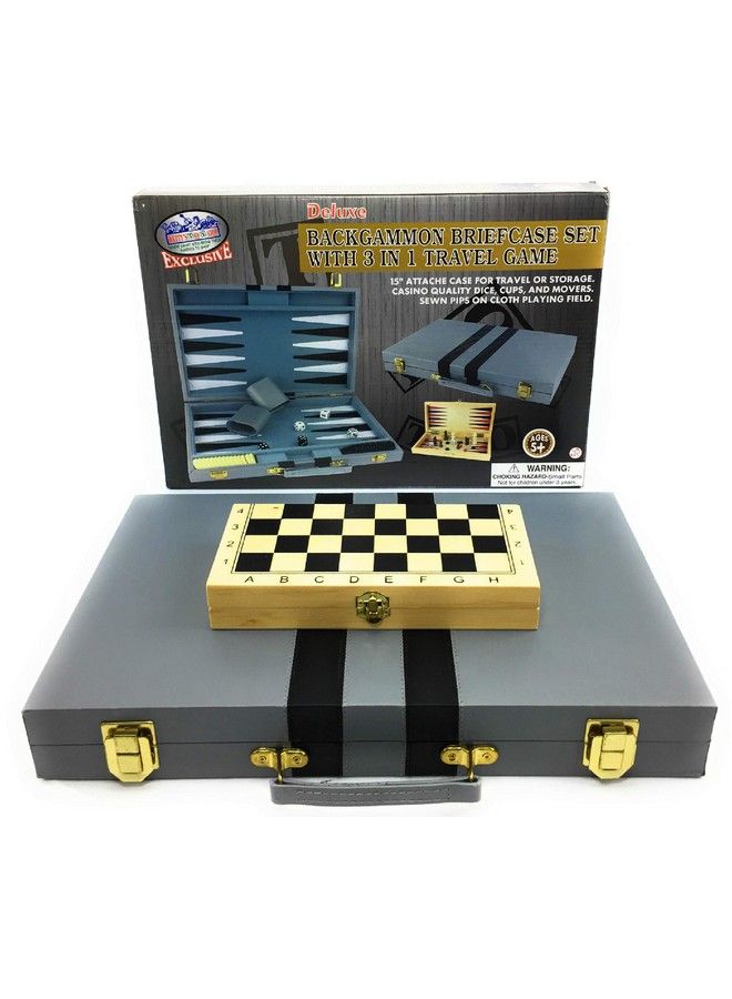 Matty's Toy Stop Deluxe 15" Backgammon Briefcase (Vinyl Gray Attache) With 3In1 Chess, Checkers & Backgammon Wooden Travel Games Set (8") - Image 5