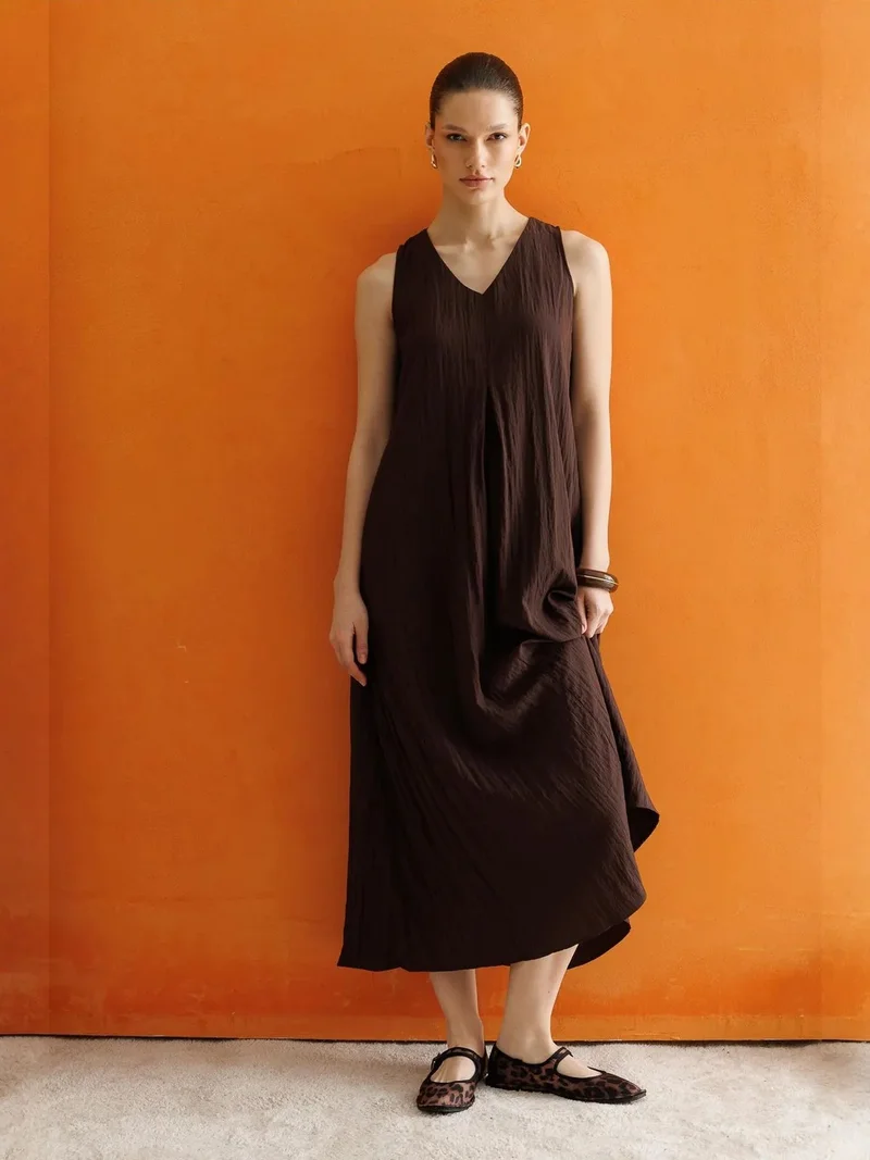 MixRay Coffee Brown Mixray V-Neck Maxi Dress for Women | Best Price UAE