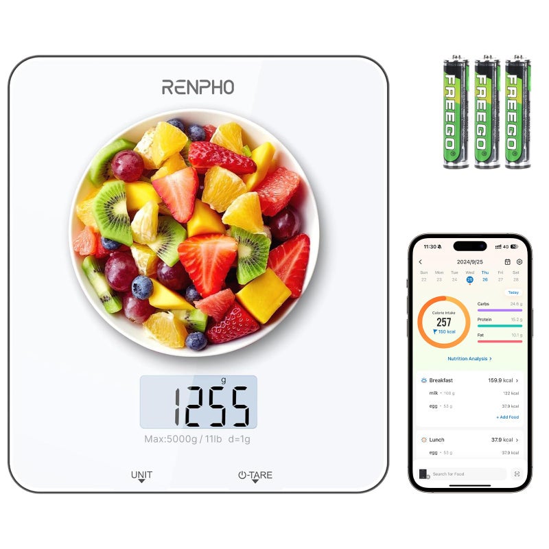 RENPHO Food Scale with Nutritional Calculator, Digital Kitchen Scale for Weight Loss, Smart Food Weight Scale with App for Macro Keto Calorie Cooking, Grams and Ounces, White, 11lb/5kg - Image 1