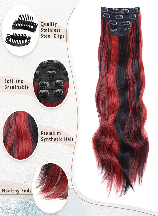 Vigorous Clip in Hair Extensions 4PCS Long Wavy Hair Extension 20Inch Thick Synthetic Hairpieces Fiber Double Weft Hair for Women(Black with Red Highlights) - Image 3