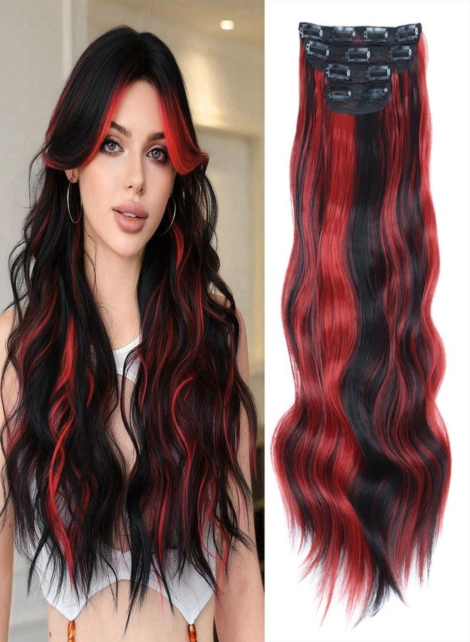 Vigorous Clip in Hair Extensions 4PCS Long Wavy Hair Extension 20Inch Thick Synthetic Hairpieces Fiber Double Weft Hair for Women(Black with Red Highlights) - Image 1