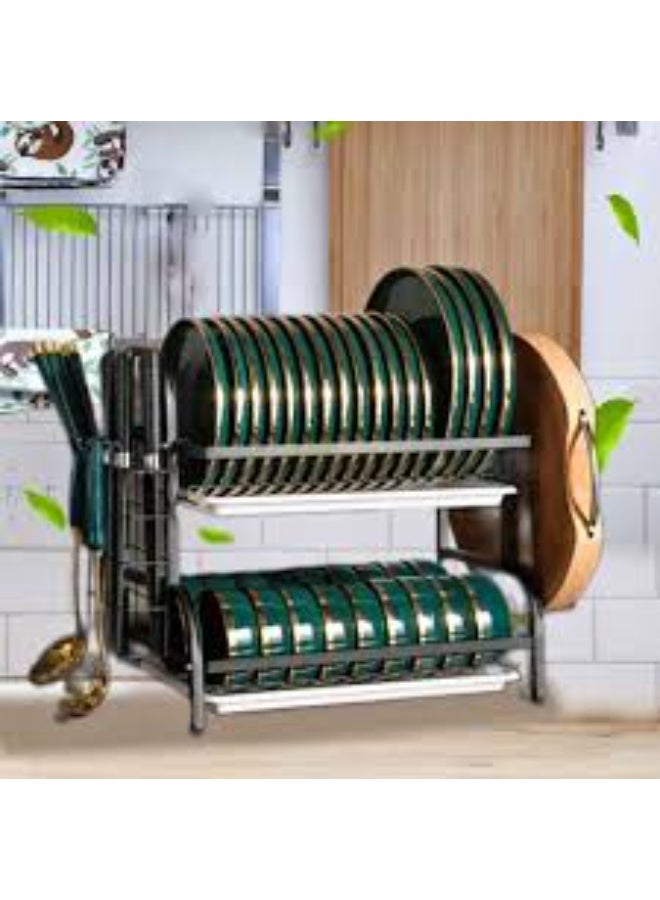 منظم أطباق للمطبخ طبقتين مع حامل أدوات ومكان للأكواب – منشر أطباق معدني لتجفيف الصحون – رف تجفيف أطباق موفر للمساحة للمطابخ - Image 1