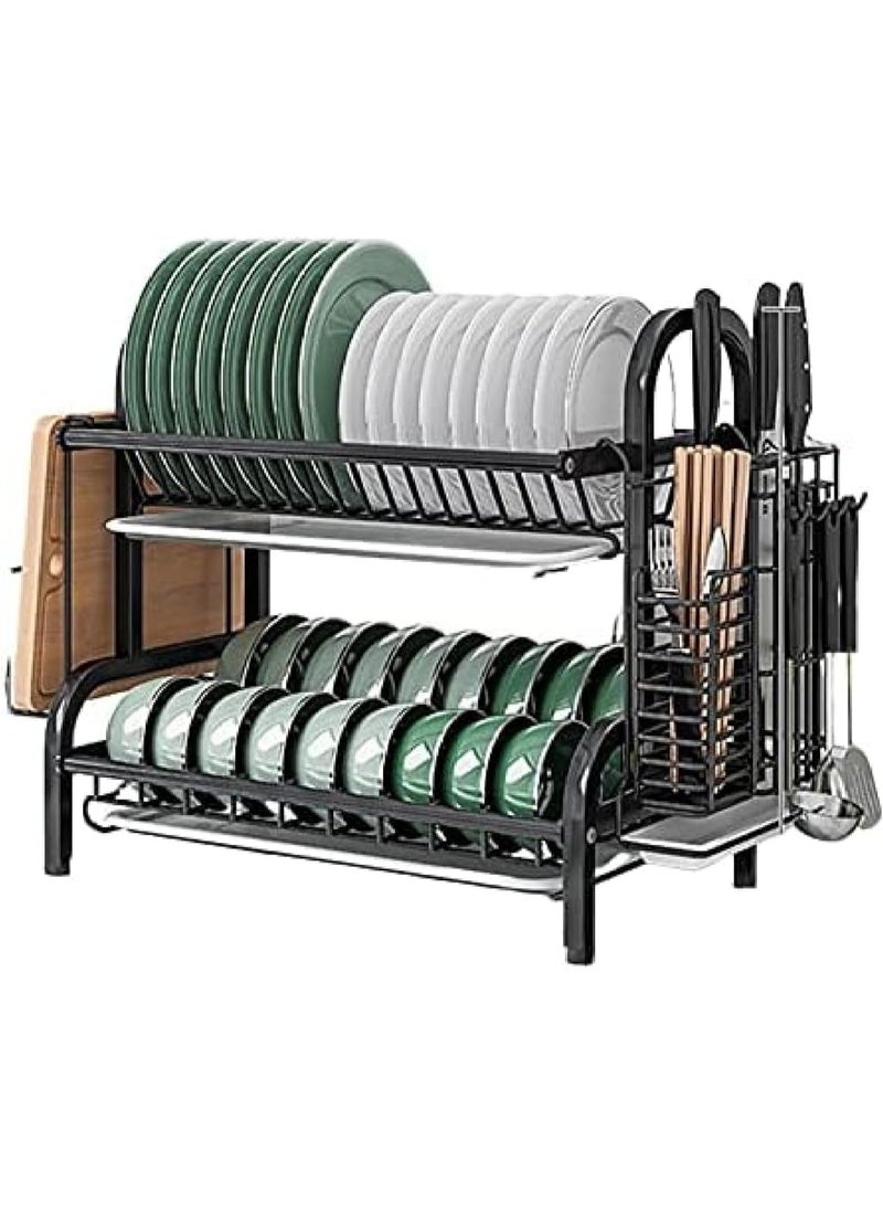 منظم أطباق للمطبخ طبقتين مع حامل أدوات ومكان للأكواب – منشر أطباق معدني لتجفيف الصحون – رف تجفيف أطباق موفر للمساحة للمطابخ - Image 2