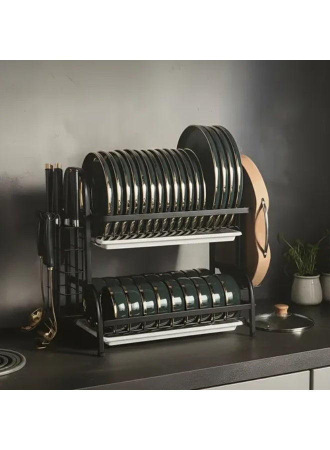 منظم أطباق للمطبخ طبقتين مع حامل أدوات ومكان للأكواب – منشر أطباق معدني لتجفيف الصحون – رف تجفيف أطباق موفر للمساحة للمطابخ - Image 4