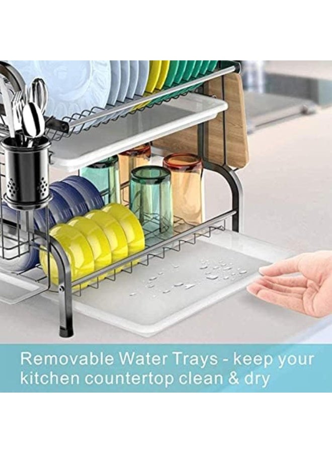 منظم أطباق للمطبخ طبقتين مع حامل أدوات ومكان للأكواب – منشر أطباق معدني لتجفيف الصحون – رف تجفيف أطباق موفر للمساحة للمطابخ - Image 5