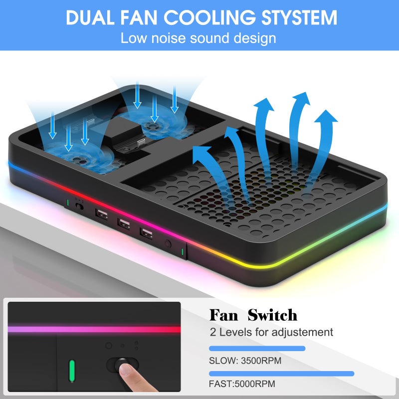 KEPLUG Dual Cooling Fan and Cooling Stand for Xbox Series X/S Console/Controller,Xbox Dual Controller Charger Station with RGB LED Light & 3 USB Ports,Xbox Series x Accessories with 2 Headphone Hooks - Image 3