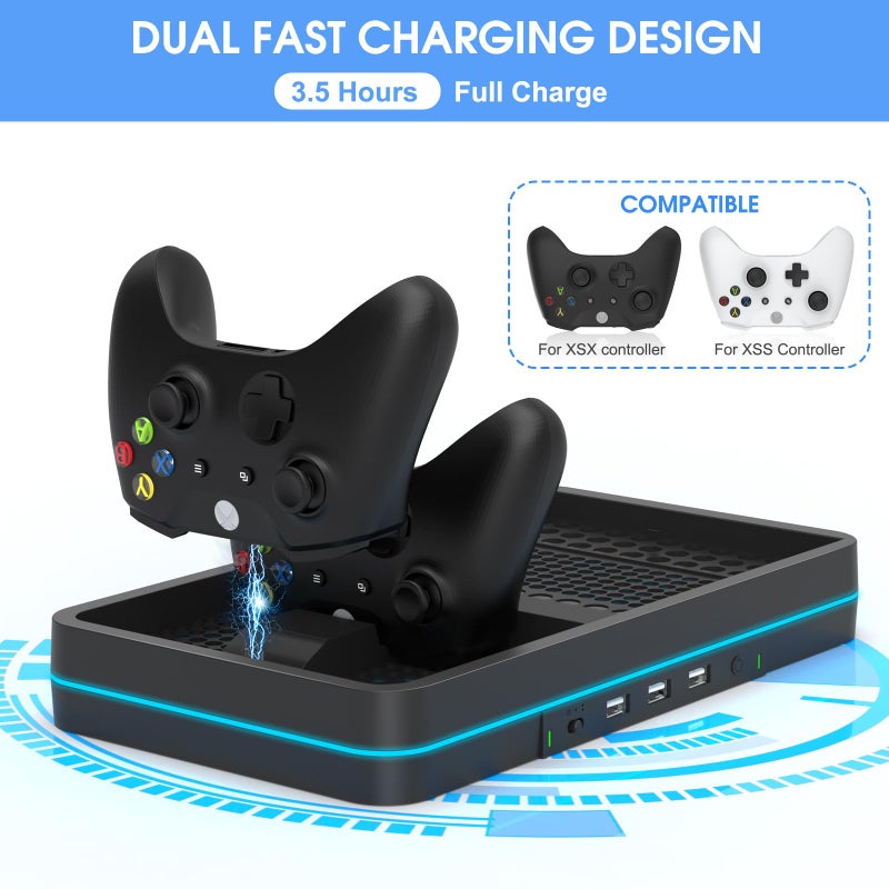 KEPLUG Dual Cooling Fan and Cooling Stand for Xbox Series X/S Console/Controller,Xbox Dual Controller Charger Station with RGB LED Light & 3 USB Ports,Xbox Series x Accessories with 2 Headphone Hooks - Image 5
