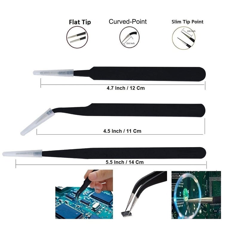 WOWSOME WOWSOME 5 ESD Safe Black Coated MultiPurpose Straight Curved and Flat Tip Tweezers with ESD Safe Anti Static Brush for Motherboard and pcb repairing 5 Tweezers With 1 Brush - Image 3