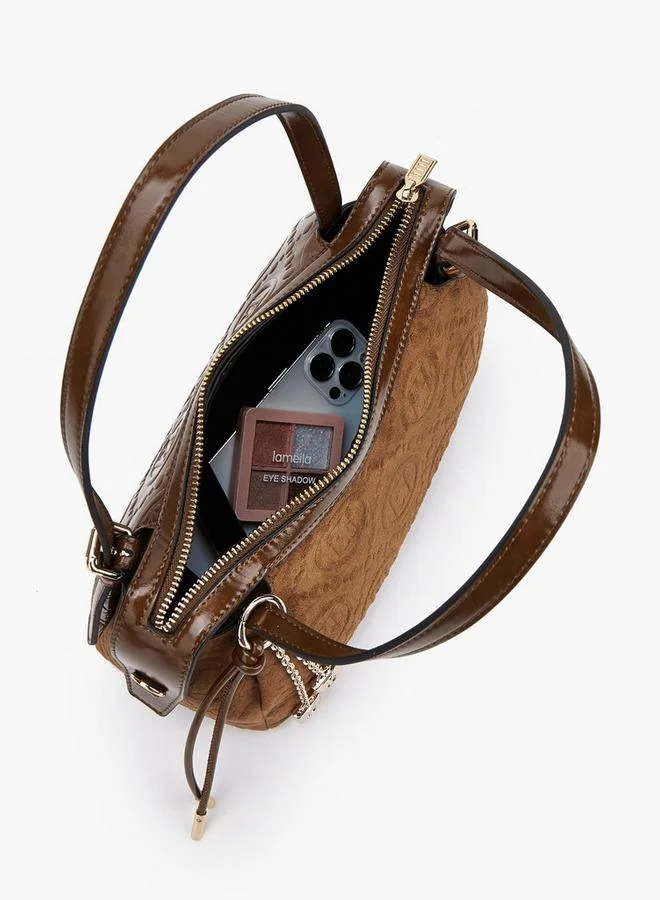 Elle BROWN Monogram Textured Shoulder Bag With Charm Accent for Women | Best Price UAE